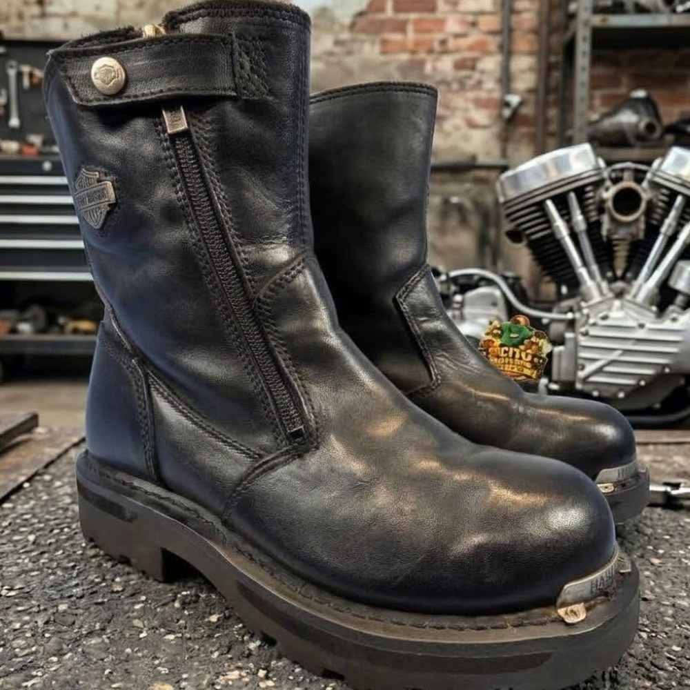 Harley-Davidson Womens Black Leather Side Zip Motorcycle Boots Lug Sole 6.5